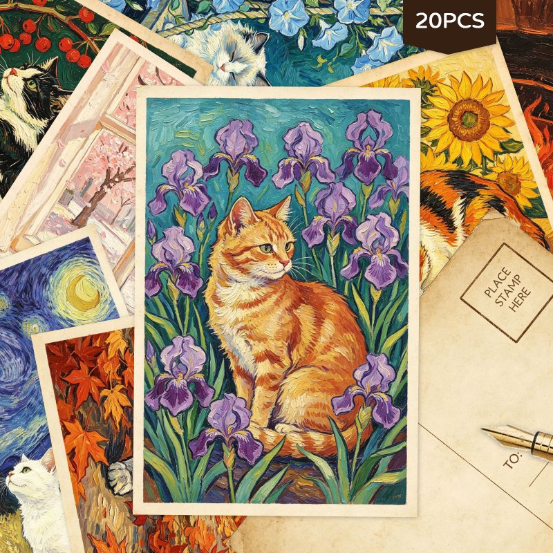 TEMU 20 stuks Gemengde Kunst Postkaarten Set, Vintage Van Gogh Stijl Bloem Kat Dieren Postkaarten, Esthetische Natuur Kunst Thema Postkaarten voor