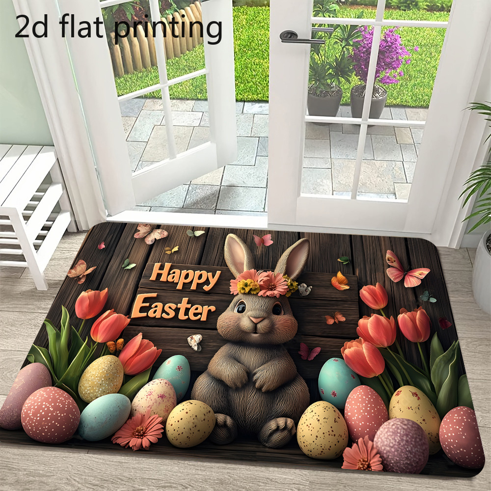 Image of 1pc Easter Bunny Flower Egg Doormat, With A Festive Atmosphere, Easter Welcome Mat, Indoor/outdoor Decorative Welcome Mat, Outdoor Entry Mat, Suitable For Decoration, Perfect For Bedroom, Kitchen