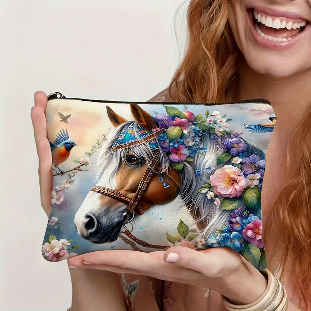 TEMU Trousse de maquillage à motif floral et de chevaux. présente des chevaux, des fleurs et des oiseaux. Convient aux femmes et aux passionnés de