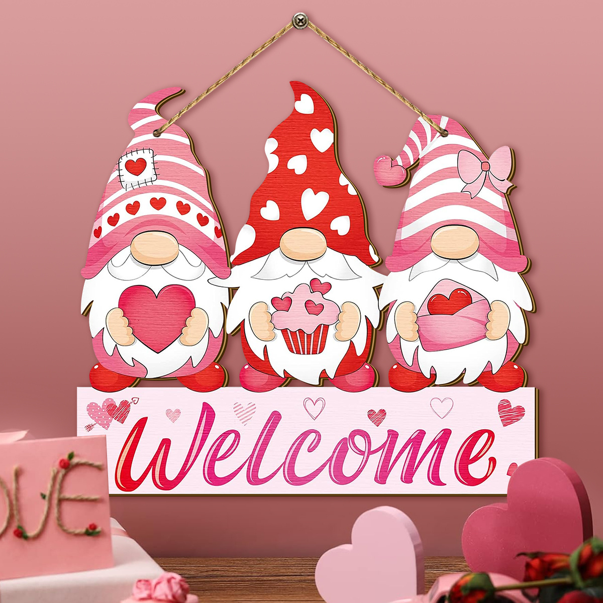 

1pc Valentine's Day Wooden Welcome Sign With 3d Gnome Figures - Artificial Wood Festive Hanging Decor For Living Room, Bedroom, Front Door, Porch - No Power Needed