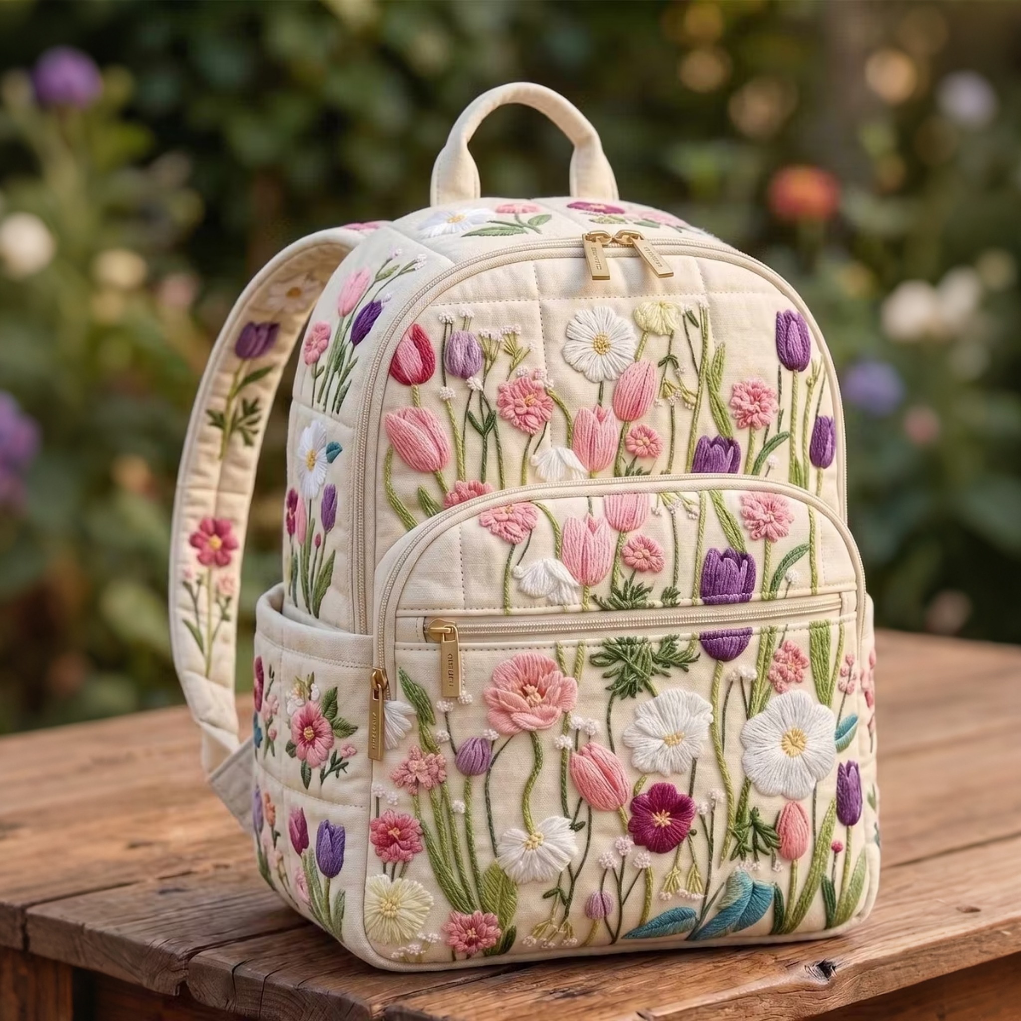TEMU 1pc Quilted Embroidery Tulip Backpack, Large Capacity Lightweight Multi Compartment School Bookbag, Graduation Birthday Spring Gift, For Back To