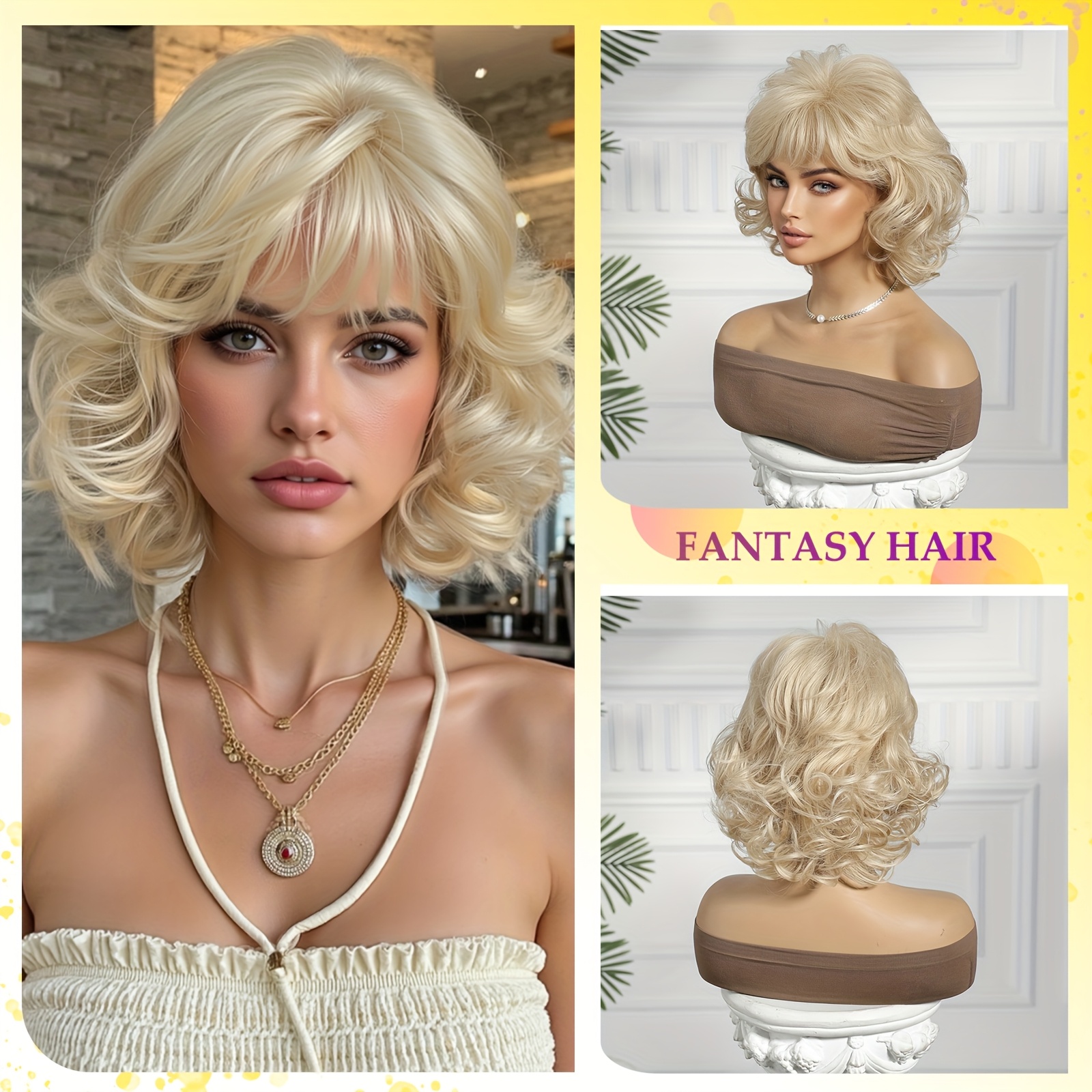 E-shop Dichte, kurz, lockig, gewellt, synthetische Perücke mit Pony für blonde Frauen, Rosennetz-Kappe, klebepflichtige Perücke, geeignet für tägliche
