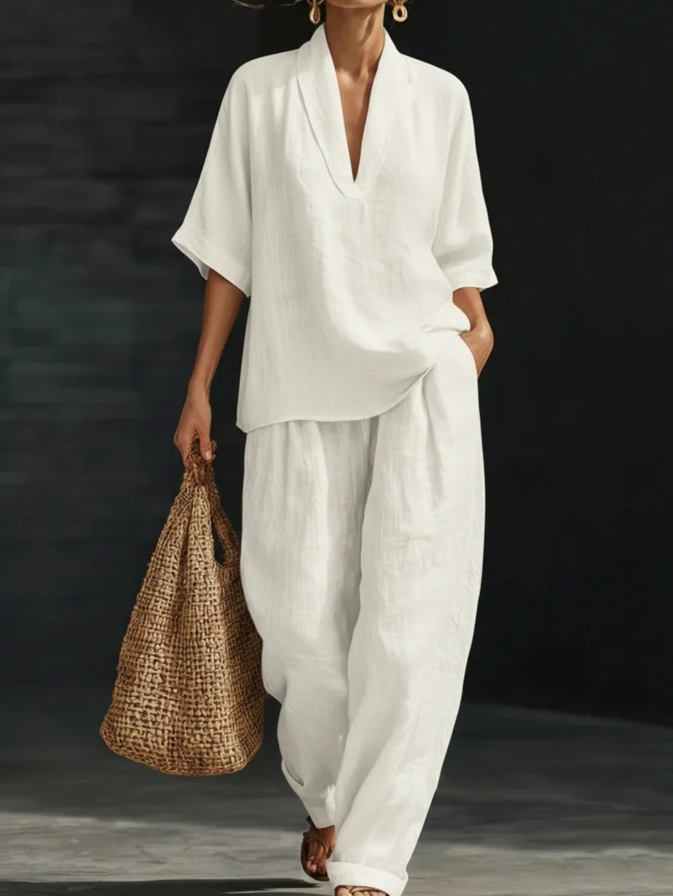 2026 summer street style womens outfit lightweight breathable linen v neck shirt and loose long pants 2pcs set