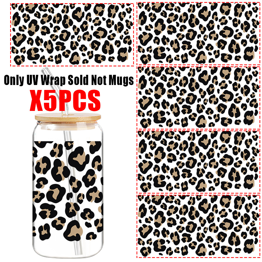 TEMU 5 pièces/set autocollants de transfert UV DTF, identificateur de verre à vin, autocollants léopard, convient pour verres de 16 oz, bouteilles,