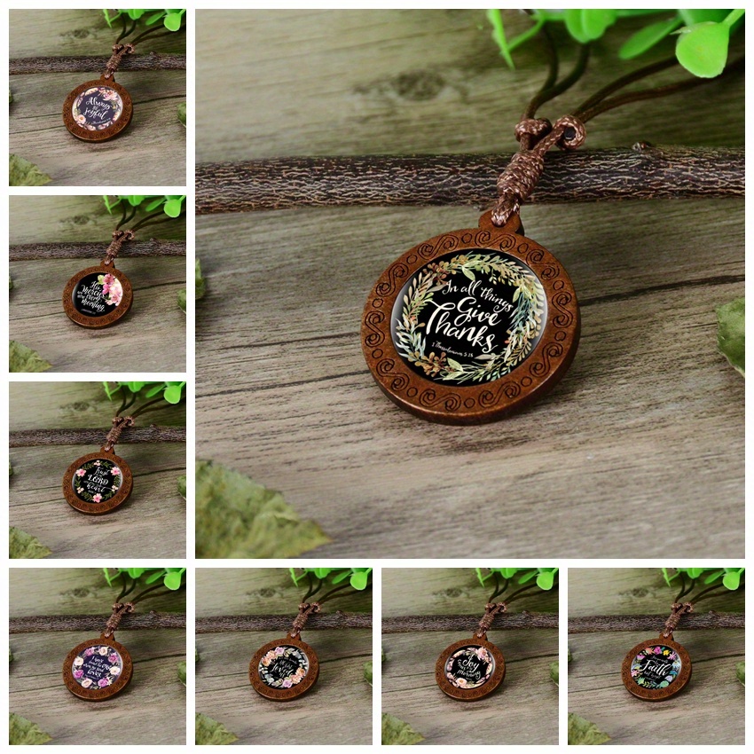 Inspirational Bible Verse Wood Glass Cabochon Necklace
