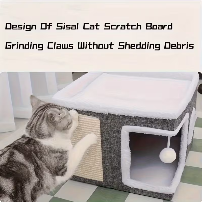 casa de gato de vários níveis com cama de 2 níveis, de brinquedos e de arranhar dobrável - cama aconchegante para interior com suspensa de pelúcia, estrutura de nylon e construção em tela, design dobrável que , 16.5x16.5x13 polegadas - ideal para pequenos detalhes 3