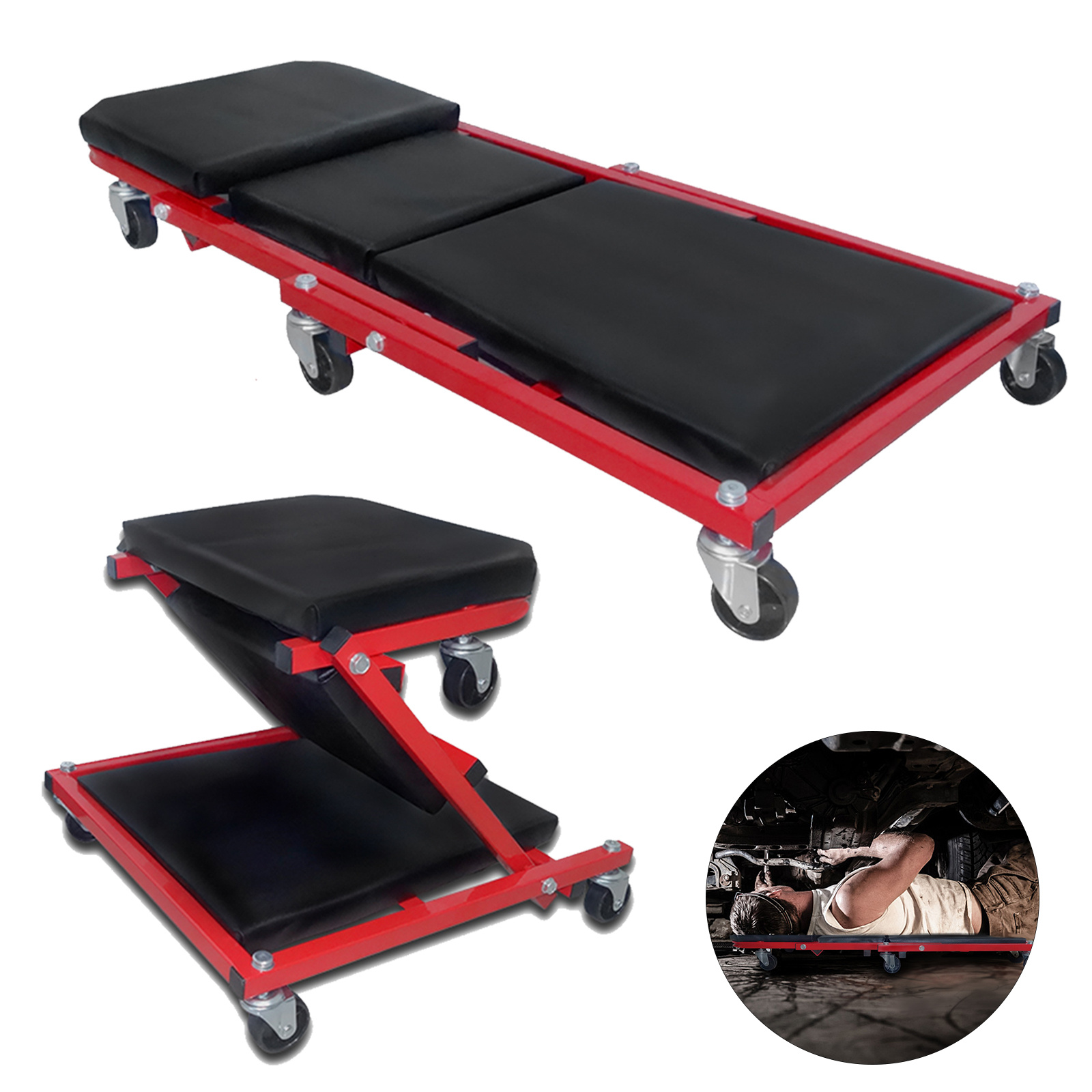 TEMU Rolling Board Workshop Car Assembly Roller Board Mounting Table Car With 6 Ball Bearing 360Â° Wheels, Headrest And 2 Storage Compartments