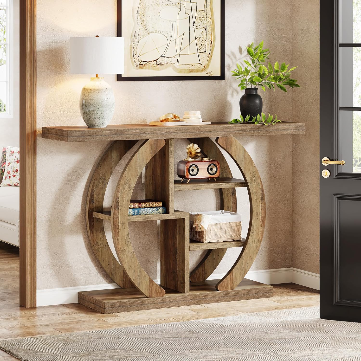 TEMU Table de console moderne de ferme à 4 niveaux avec base circulaire - 42" Table de salon d'entrée en bois marron , étagères de rangement solides