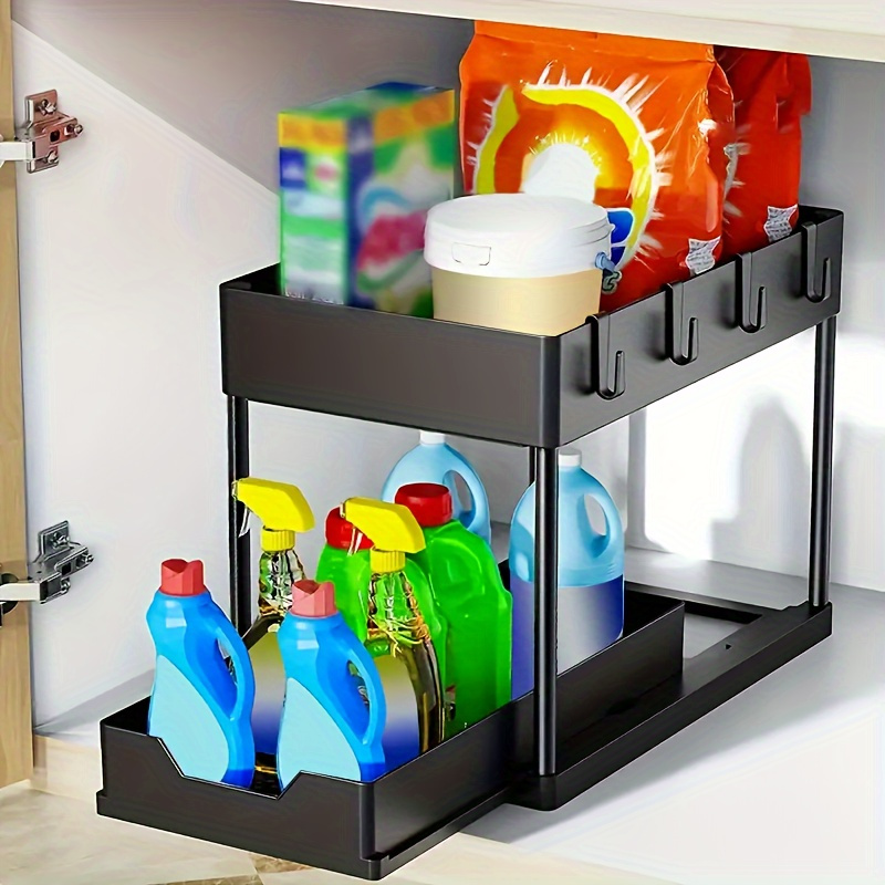2-Tier Sliding Under Sink Organizer with Metal Frame - Black/White Plastic Storage Basket for Kitchen Spices, Cosmetics & Accessories, Multi-Purpose Bathroom Cabinet Drawer Shelf, Kitchen Organizer | Sleek Storage Solution | Durable Plastic Basket, Under Sink Organizers And Storage