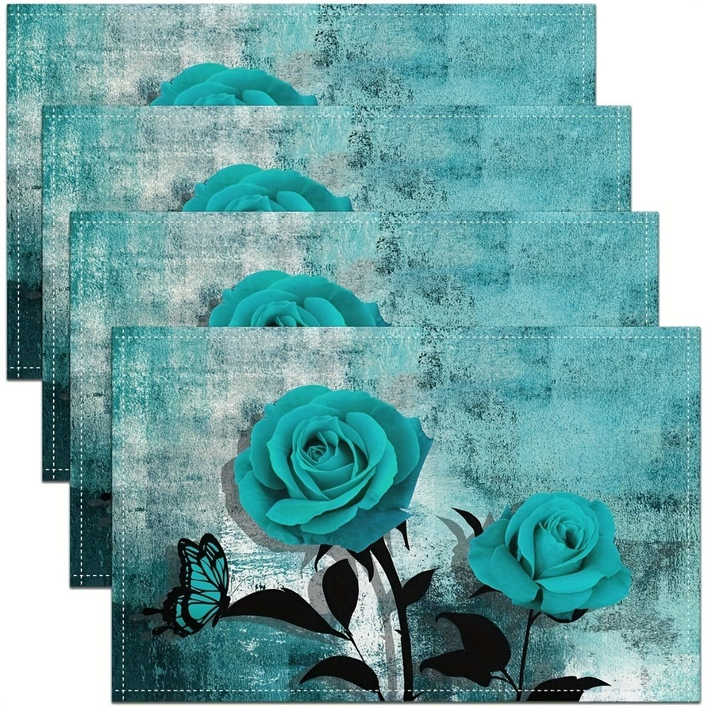 

Set Of 4 Teal & Turquoise Rose Placemats - Vintage Style, Washable Linen Rectangular Table Mats, Traditional Linen Placemats For Kitchen Table Decoration, Coffee Table Party Holidays - 12x18 Inch