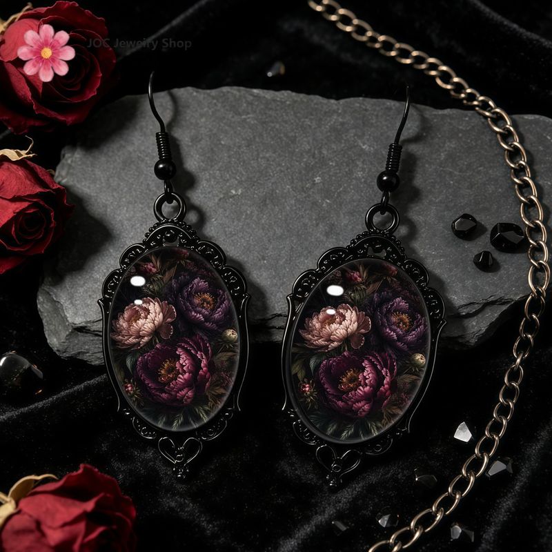 TEMU Gothic Dark Floral Oval Dangle Earrings - Vintage Victorian Style Flower Art Pendant Earrings, Elegant Black Frame Drop Jewelry, Lightweight