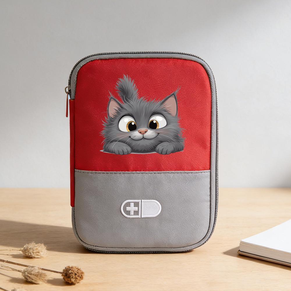 TEMU Trousse de soins portable pour l'extérieur, avec un design de chat de dessin avec des de couleurs rouge et . C'est compacte et légère, pour les