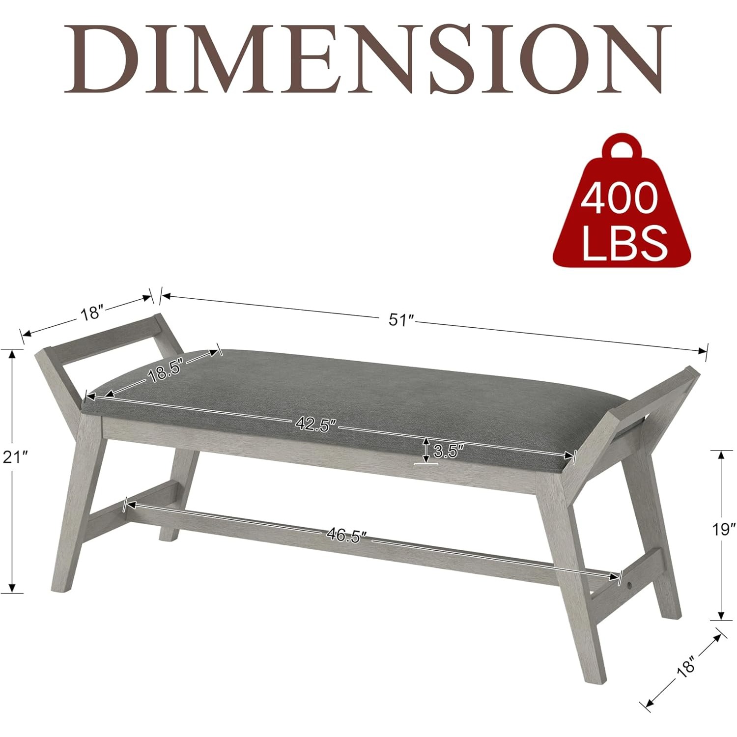 1pc 51Inch End of Bed Bench | Solid Wood Frame, Fabric Upholstered Ottoman Bench for Entryway, Bedroom, Hallway, Living Room, Modern Style