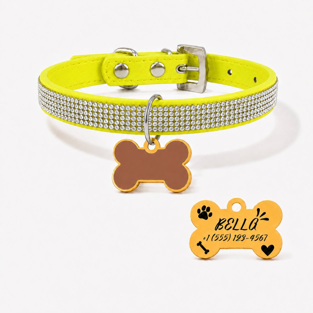 Diamond-Studded Pet Collar with Engravable Bone Dog Tag