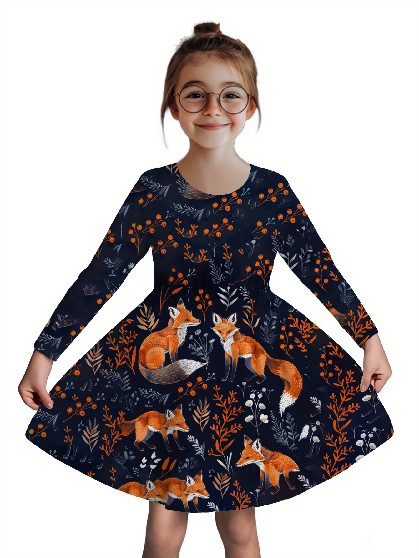 Girls Long Sleeve Dress - Navy Blue &   Floral Print,   Birthday Party Outfit, Everyday School &  , Machine Washable Polyester Dress for Girls ( to Kids) - Birthday, Christmas, Halloween Gift Idea, Festive Attire,   Design,  , Kids Fashion