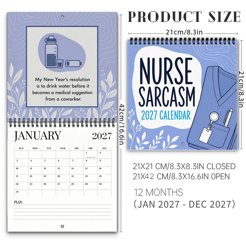 TEMU Funny Nurse Sarcasm 2027 Wall Calendar 12-month Spiral-bound Calendar With Hospital & Healthcare Humor Marked Holidays Organizer Halloween &