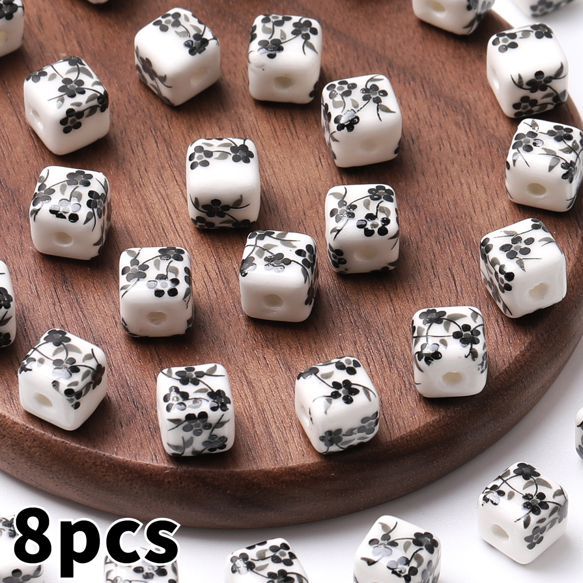 8pcs/16pcs Cube Printed Flowers Glazed Square Ceramic Beads for DIY Jewellery