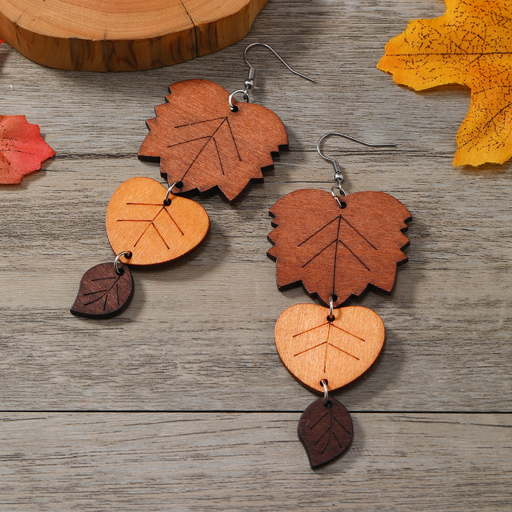 Women's Vintage Brown Leaf Wood Long Earrings, Ethnic Style
