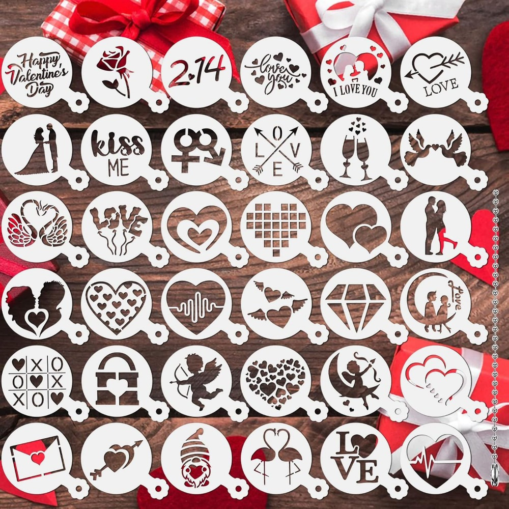 

Valentine's Day Baking : 36pcs Reusable Cookie & Coffee Decorating Stencil Set With Heart, Ring, And - Includes Storage Chain For Easy Organization, Painting, Dessert, Decor