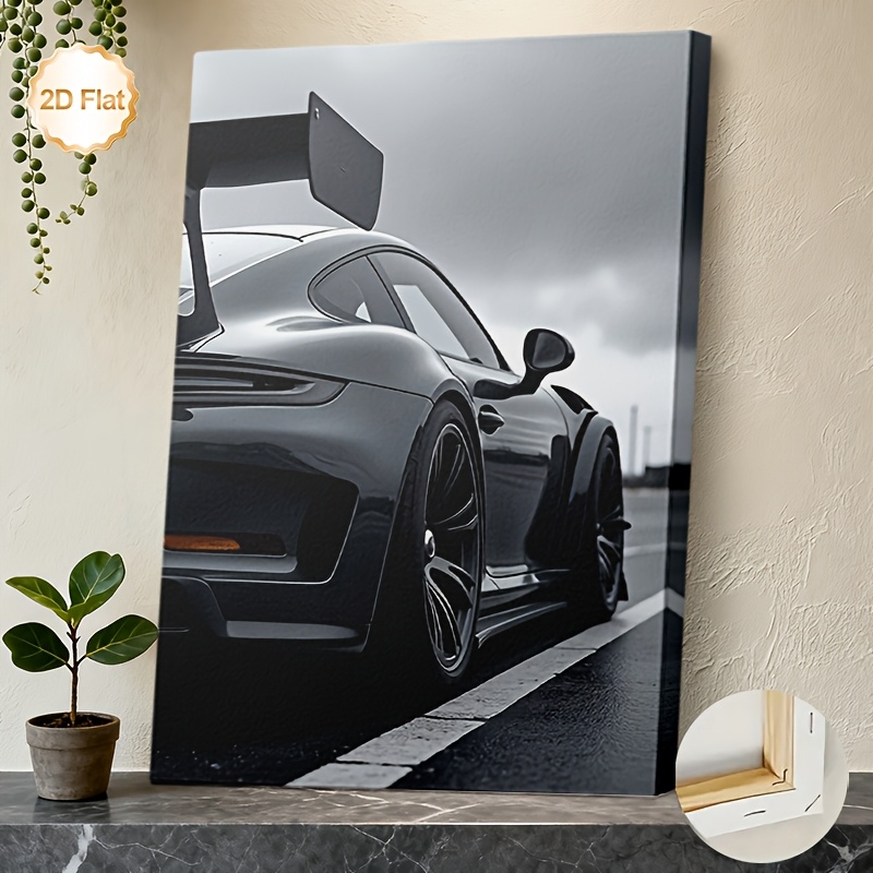 TEMU 2d Flat, 1pc, Framed Canvas Wall Art, Includes Framed Wall Decor, A Cool Black Sports Car On A , Wall Decoration, Perfectly Suitable For Living