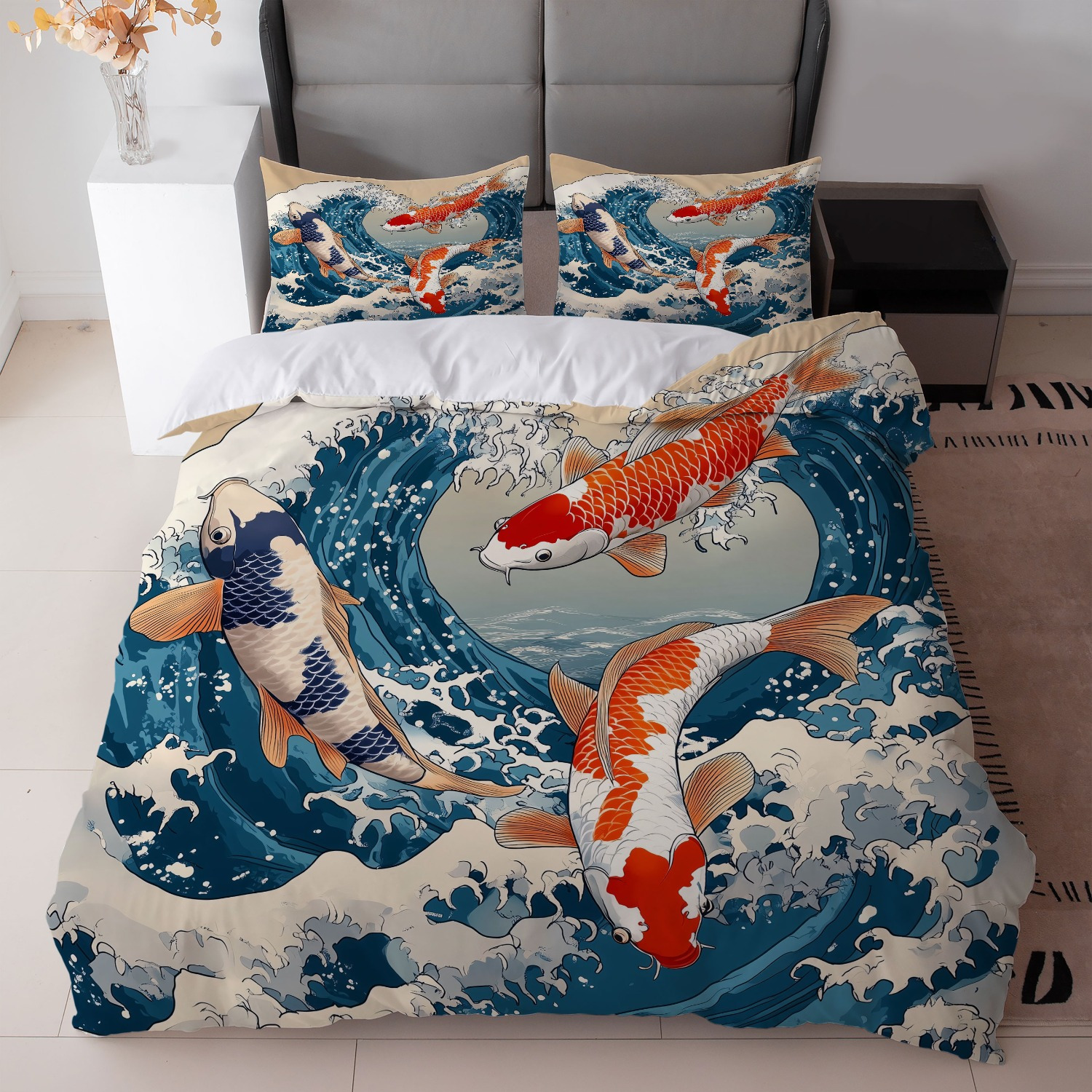 TEMU 3-teiliges Bettwäsche-Set im Japanischen Stil mit Blauen und Koi-Fischdruck (1 Bettbezug + 2 Kissenbezüge, Ohne Füllung) - für