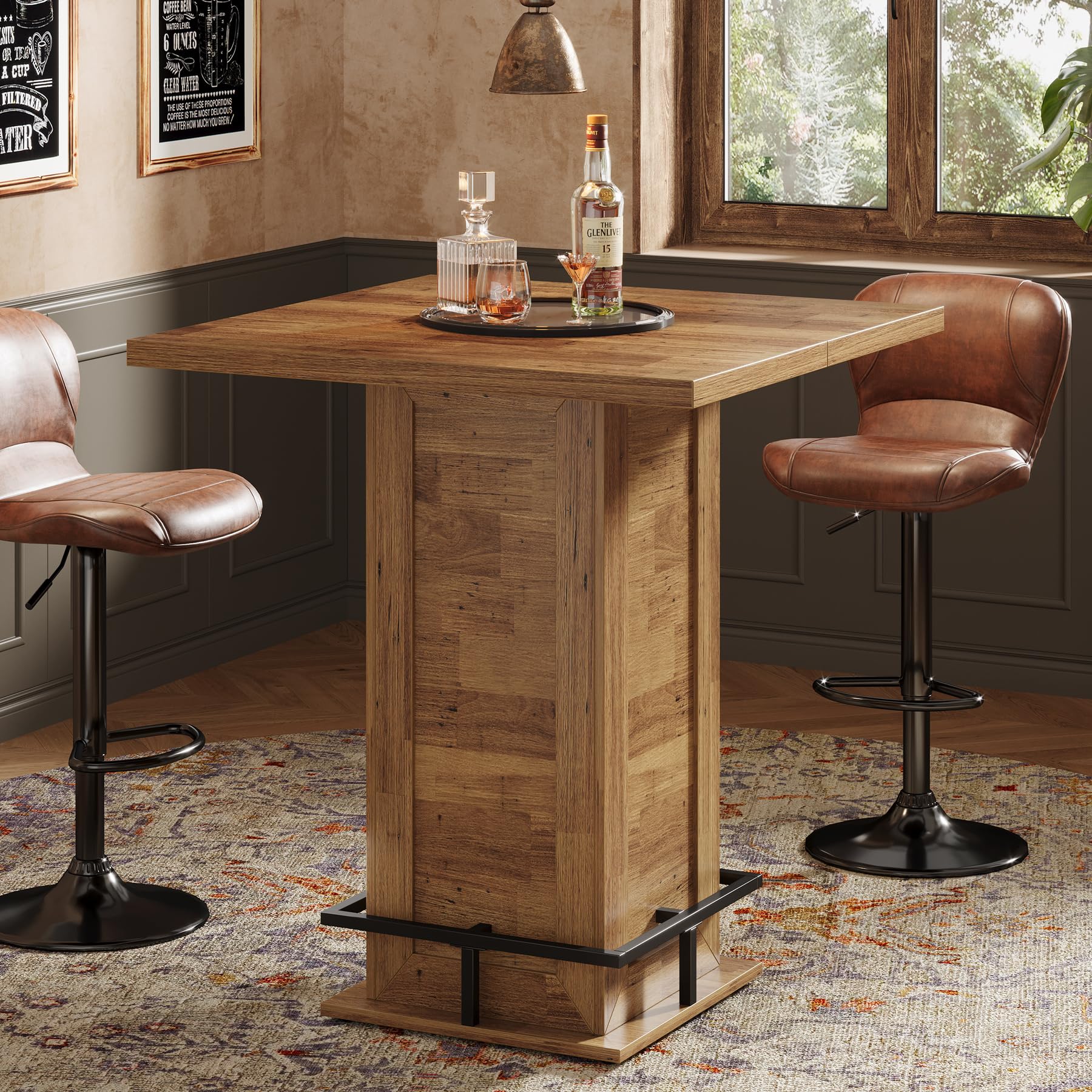 39.4' Bar Table, Industrial High Top Bistro Pub Cocktail Table With Metal Footrest For Kitchen Nook, Home Bar, Small Bars, Rustic Brown (table )