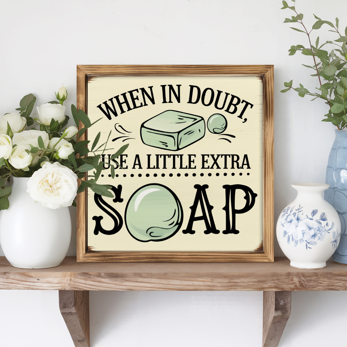 TEMU 1pc Rustic Farmhouse ' , Use Soap' Framed Wall Sign - 8x8 Inch, Humorous Vintage Bathroom Decor With Wood Frame, Ideal For Home, Office, Or