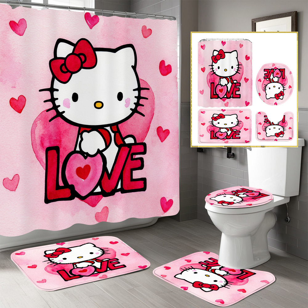 

Sanrio Valentine's Day 1/4pcs Cartoon Printed Shower Curtain Set, Decorative Bathroom Set Including Waterproof Shower Curtain, Non Slip Floor Mat, Toilet Lid, Bathroom Mat And 12 Plastic Hooks