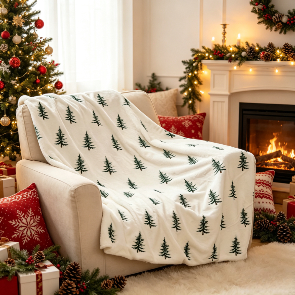 TEMU 1 Couverture douce à imprimé sapin de Noël - Impression simple face, matériau polaire, douce, toutes saisons, motif géométrique de pin, tissu,