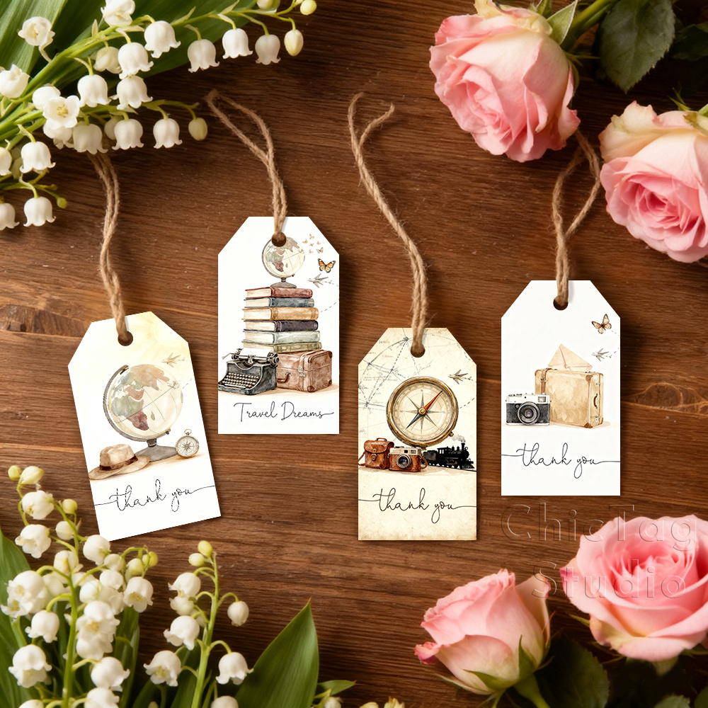 TEMU Set di 48 etichette regalo da viaggio e apprezzamento con design vintage come libri, globi e fotocamere. per regali a tema viaggio, biglietti di