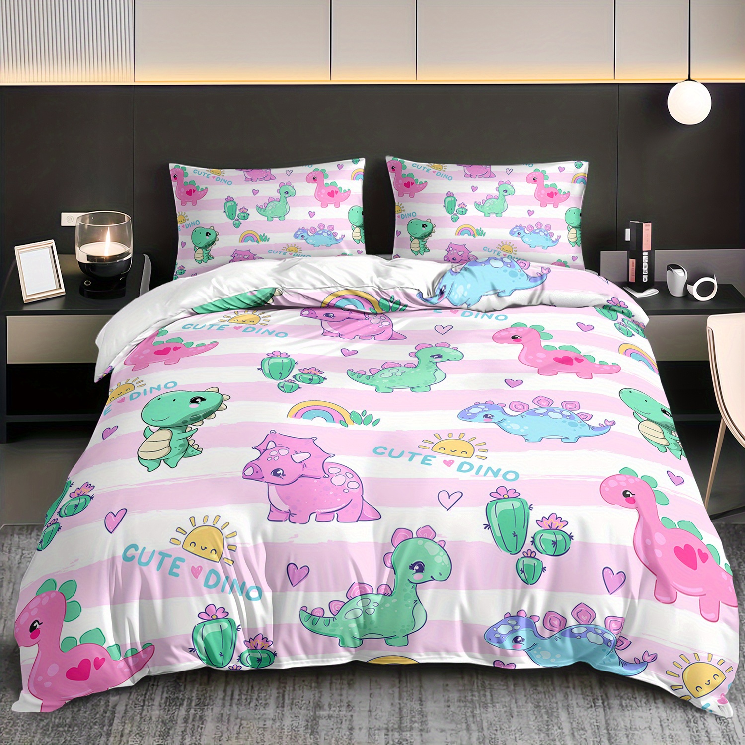 2/3pcs cute dinosaur bedding set cartoon cactus bedding duvet cover set  decor jungle dino boho succulent comforter cover set wild animal pattern  yellow grey bedroom quilt cover room decor, soft, valentine's day