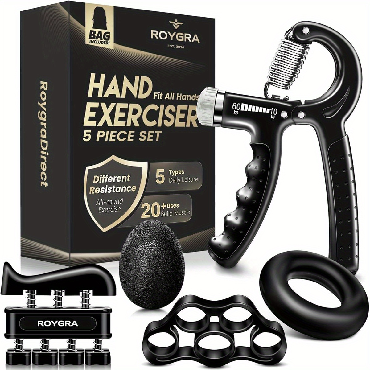 5-pack hand grip strengthener kit - adjustable   forearm exerciser,   & stress relief grip ball for athletes, durable iron construction, white/black, ideal for sports training & relaxation Product details 0