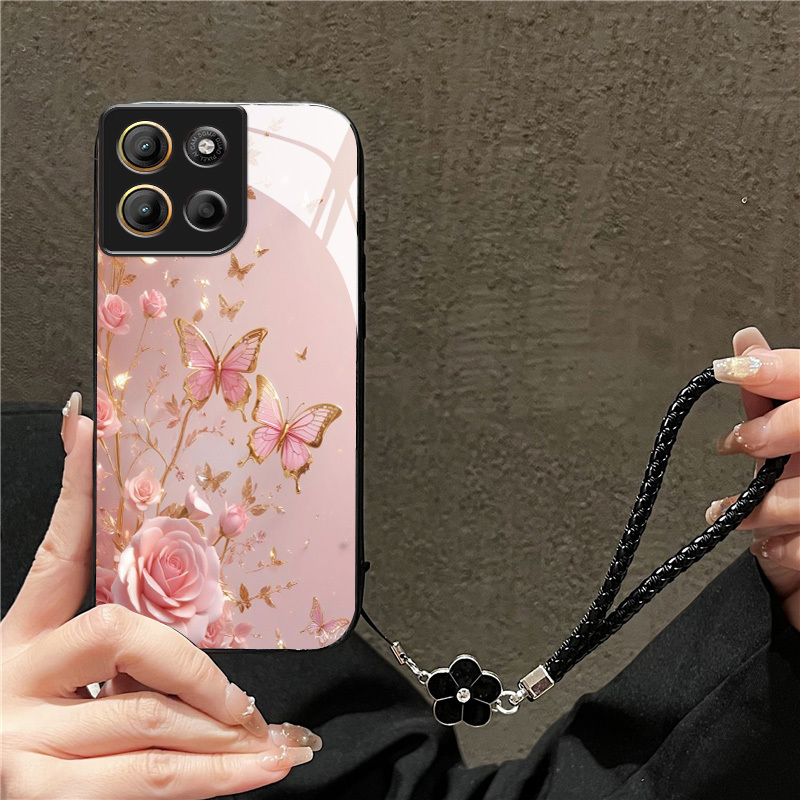TEMU Phone Case: Pink Floral Pc Glass Textured Phone Case Suitable For Moto Edge 60 Pro/fusion /50 /neo/30/20/g (2023) /g Play/g22/g15/e15, With