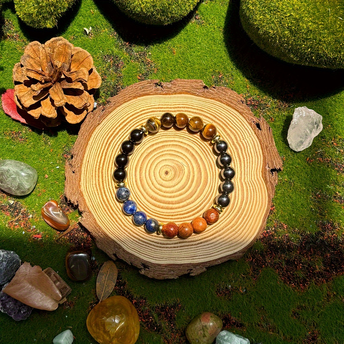 TEMU Handmade 1pc Design With Tiger Eye, Lapis & Wood Natural Stone Jewelry For & Festive Gifting