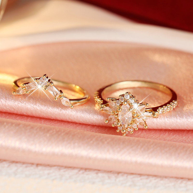 2pcs Women’s Plated Clear CZ Ring Set, Marquise Baguette & Sunburst Star Flower