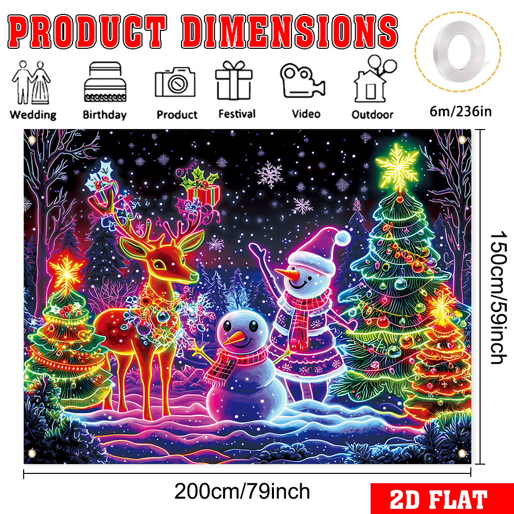 TEMU 2d Flat, 2d Flat Banner, 1pc Christmas Theme Material Uv Fluorescent Banner, Snowman - Christmas Tree - Deer, Glow In The Dark, Suitable For New