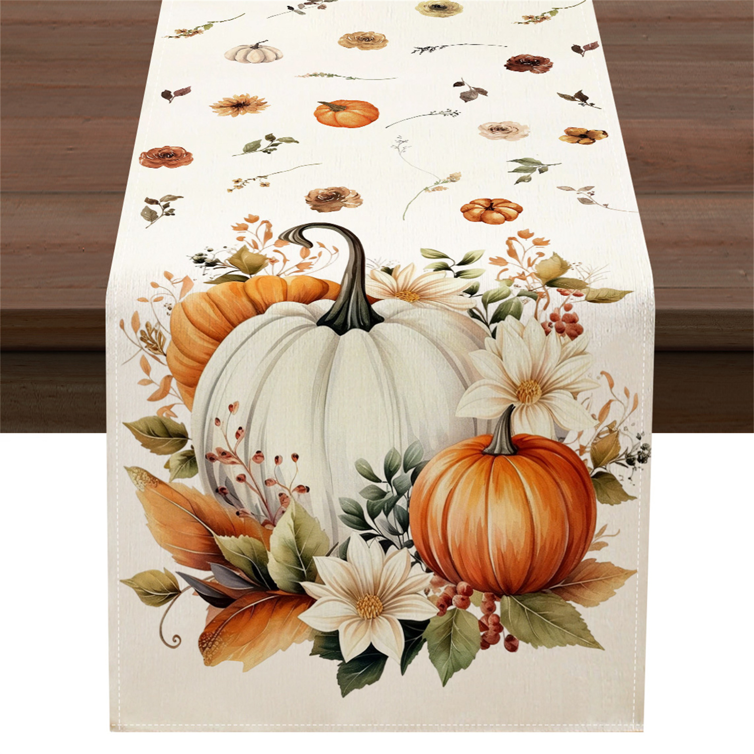 TEMU 1pc Watercolor Pumpkin White Flower Fall Table Runner, For Thanksgiving Day, Family Dinner & Kitchen Dining Table Decor