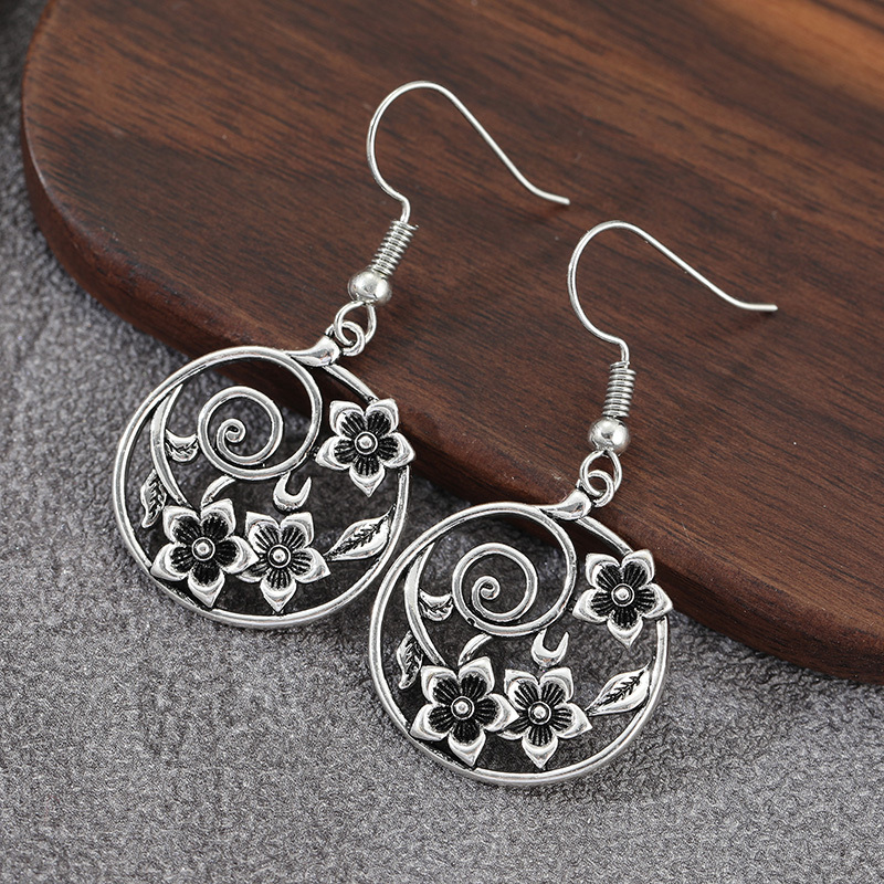 TEMU Boucles d'oreilles pendantes Boho à motif floral tourbillonnant, tonalité argentée antique, boucles d'oreilles à crochet légères d'inspiration
