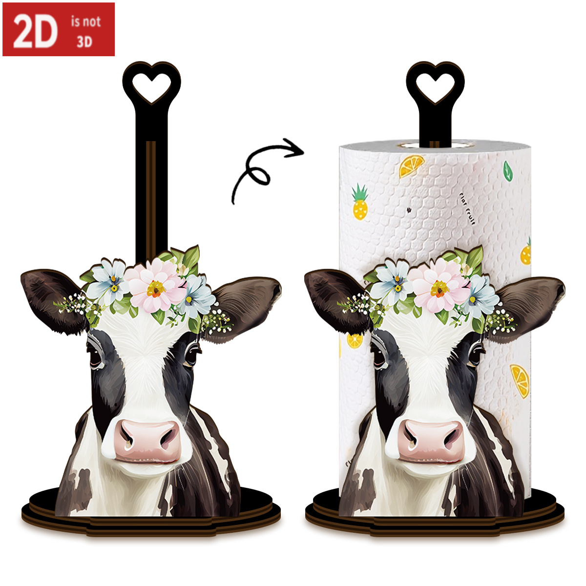 TEMU 2d Flat Print, Wooden Cow-pattern Tissue Holder, Farmhouse-style Roll Paper Holder With Cow Pattern, Movable Base Suitable For Desktop Storage,