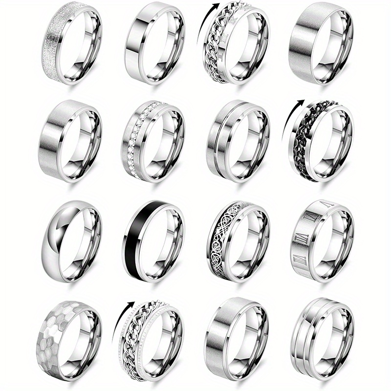 TEMU 16pcs Silvery Rings For Men Stianless 201 Stainless Steel Band Rings For Men Women Simple Engagement Wedding Promise Rings Set