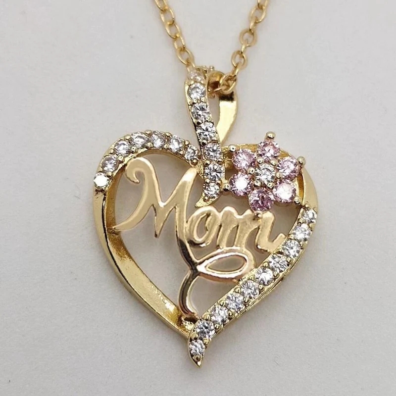 TEMU Beautiful Delicate Pink Flower Zirconia Golden Hollow Heart Pendant Necklace For Women, Perfect For Daily Wear Or Special Occasions, A Shiny