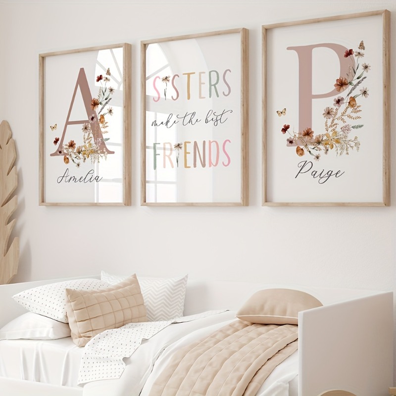TEMU 2d Flat, 2d Flat, 2025 3pcs Frameless Personalized Name Poster Custom 2 Names Sisters Name Poster Printing Sisters Bohemian Floral Canvas Wall