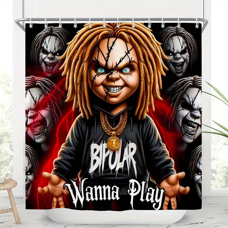 1/ 4pcs: Creative Horror Doll Pattern Shower Curtain, Shower Curtain Set, Non-Slip Bathroom, U-Shaped, Toilet Seat Cover, Halloween Shower Curtain with 12 Durable Hooks, Bathroom Decorations And Additions, Exquisite Holiday Furniture - Image 5