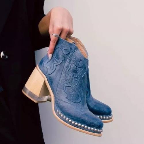 item picture womens plus size european american embellished boots suitable for parties weddings sparkling rivet trim chunky high heel ankle boots soft round toe zipper closure boots hand washable women shoes
