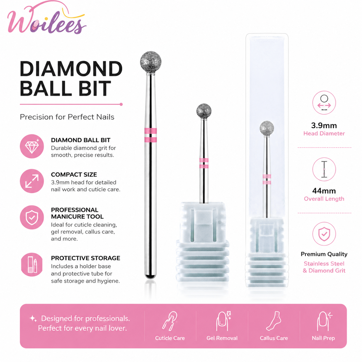 Diamond Ball Nail Drill Bit Cuticle Cleaner, Stainless Steel Tool