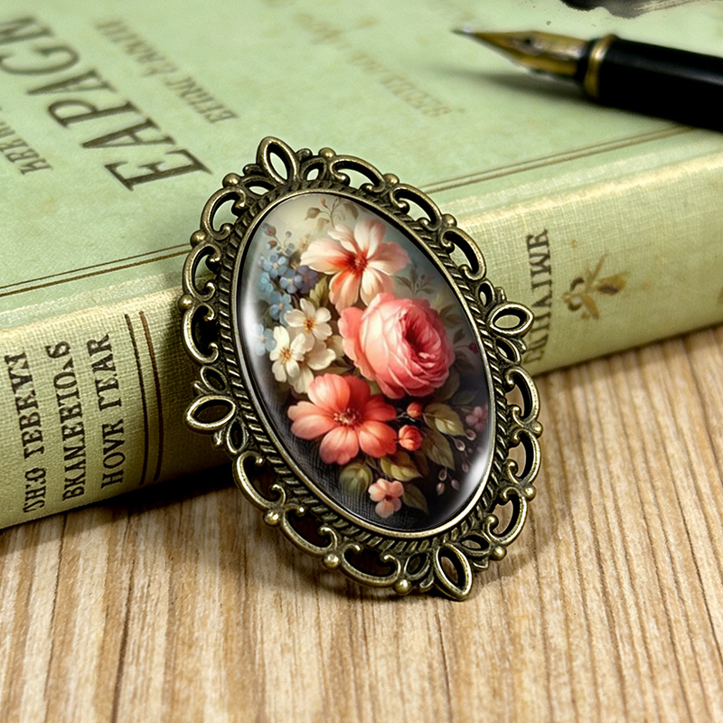TEMU 1pc Dark Tone Oil Painting Bouquet Brooch Oval Lace- Glass Brooches Clothing Backpack Accessory Ideal Gift