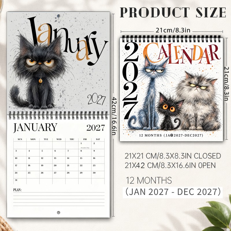 TEMU 2027 Funny Cats Wall Calendar With 12-month Planner - Large Grid Suitable For Organizer, Adorable 3 Cats (blue Gray & Black) - Wide- Tabby