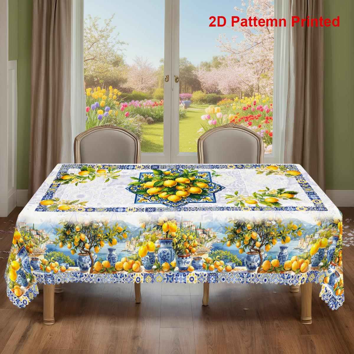TEMU 1pc, Lemon-themed Party Tablecloth, Spring Summer Mediterranean Town Style Printed Design, Rectangular/round/oval Tablecloth, Embossed Edge,