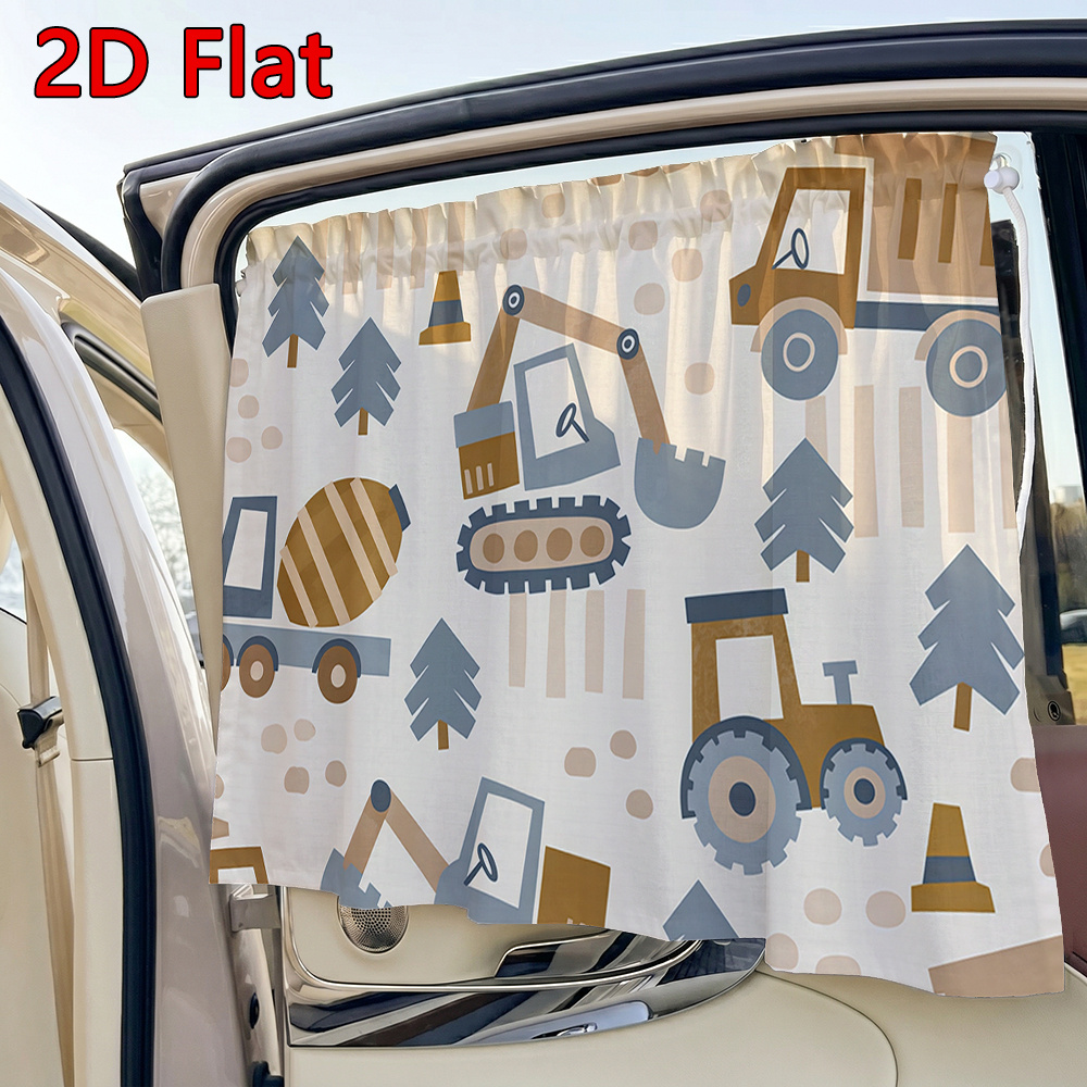 TEMU 1pc Car Sunshade, 2d Flat Cartoon Construction Vehicle Print Adjustable Car Sunshade, Suction Cup Car Interior Window Side Curtain, Summer Sun