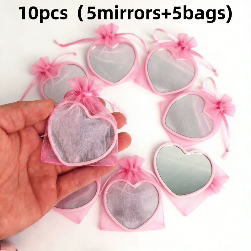 E-shop Set mit 5 tragbaren herzförmigen Spiegeln mit Schleifen aus Schleifenband in Pink, Weiß und Schwarz. Ideal für Reisen, Hochzeitsgeschenke und